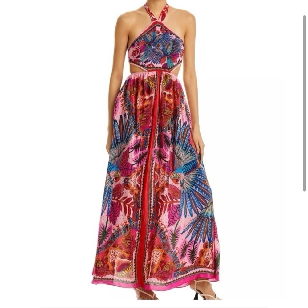 FARM Rio Pink Red Blue Tropical Halter Maxi Dress